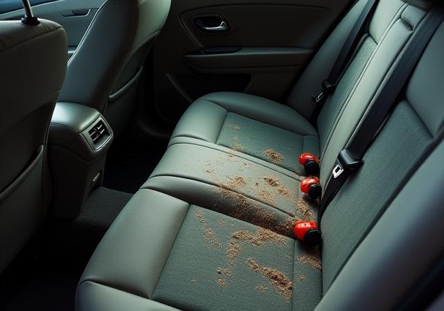 子供の食べこぼしで汚れた車の後部座席が清掃後に綺麗になる様子（施工前）