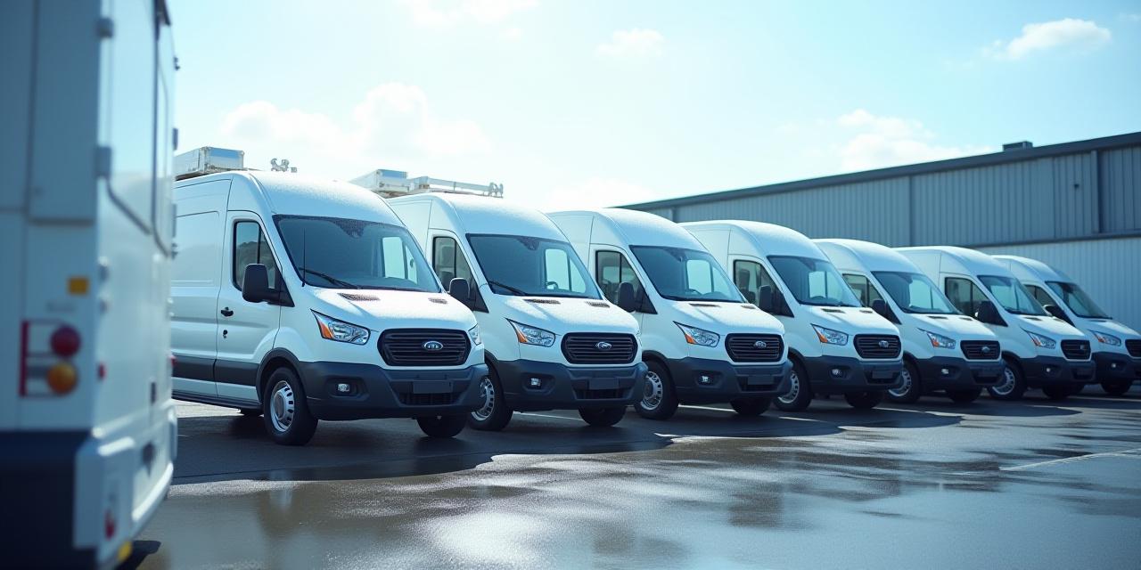 整然と並んだ、洗浄済みのクリーンな商用バン