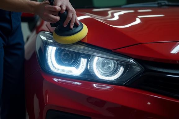 ディテイラーがヘッドライトを丁寧に磨いている